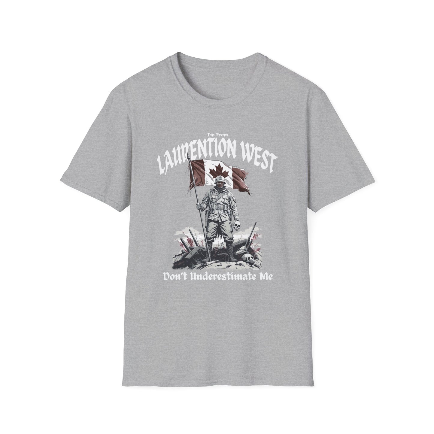 Laurentian West Underestimate Guy T-Shirt, c03-n07-s002 Softstyle Graphic Tee, Unisex Casual Wear, Support'n Locals Merch, Gift for Community Lovers.