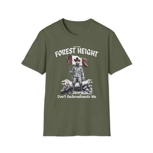 Forest Heights Underestimate Guy T-Shirt, c03-n03-s002 Softstyle Graphic Tee, Unisex Casual Wear, Support'n Locals Merch, Gift for Community Lovers.