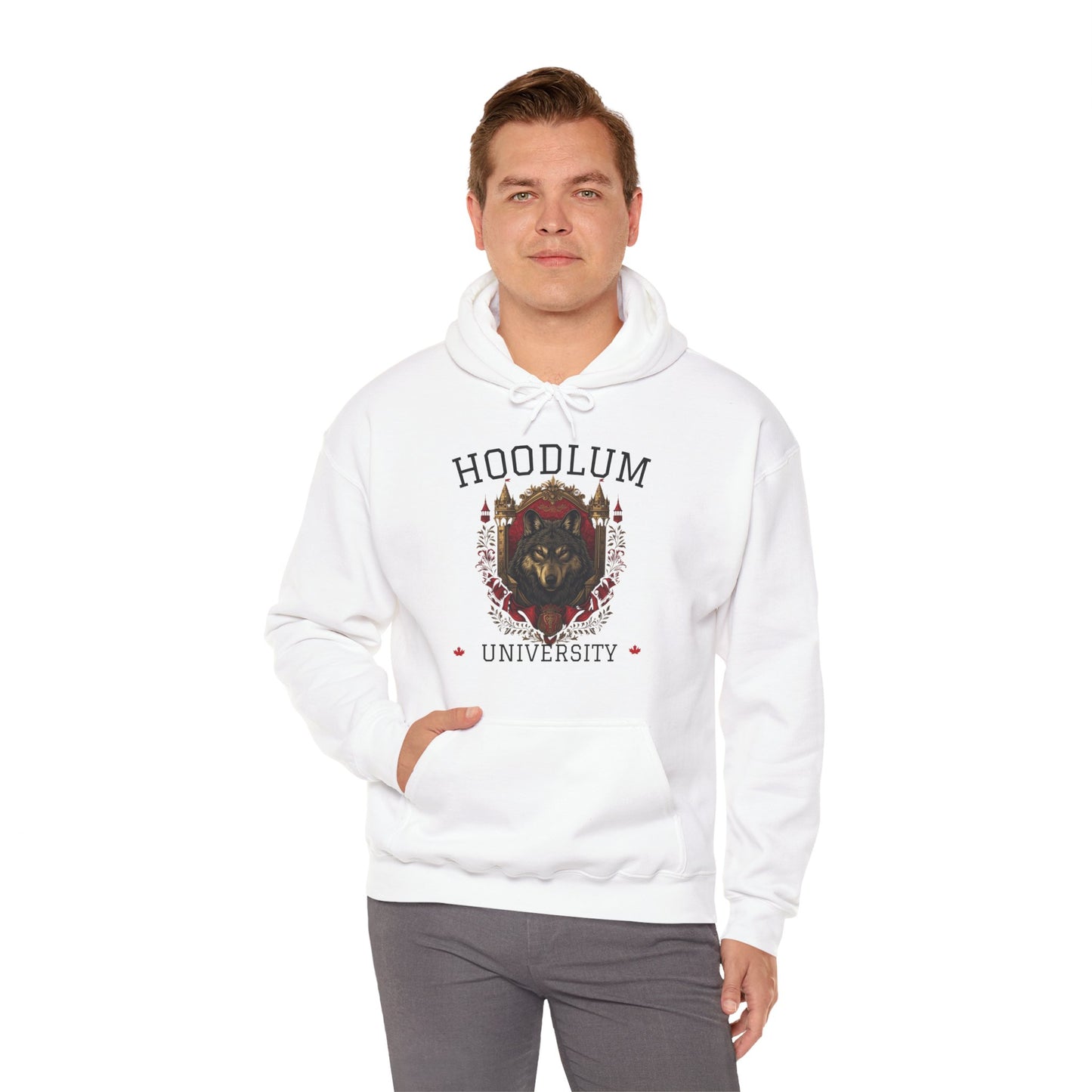 Hoodlum University White Cozy Hoodie Wolf | Unisex Sweatshirt for Nature Lovers, Casual Wear, Gift for Him/Her, Outdoor Adventures, Cozy Days Canada Patriotic