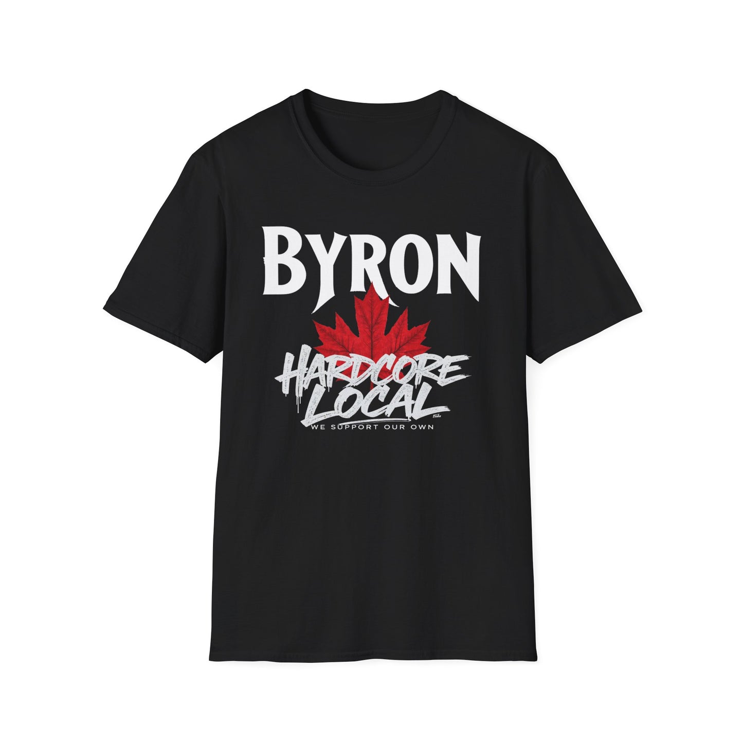 Byron Hardcore We Support Our Own Red Leaf T-Shirt, c02-n02-s006 Softstyle Graphic Tee, Unisex Casual Wear, Support'n Locals Merch, Gift for Community Lovers.