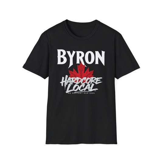 Byron Hardcore We Support Our Own Red Leaf T-Shirt, c02-n02-s006 Softstyle Graphic Tee, Unisex Casual Wear, Support'n Locals Merch, Gift for Community Lovers.