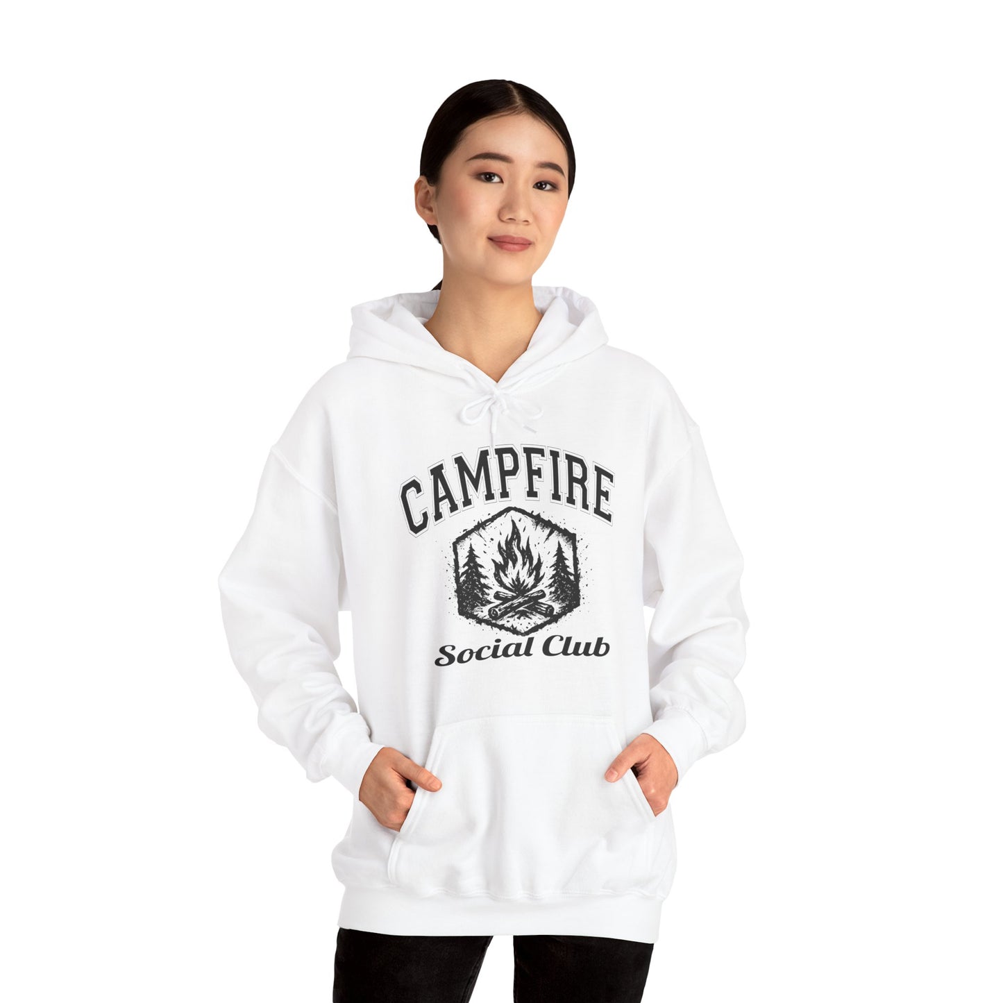Campfire Social Club Hoodie | HappyCamperCrew.Com 100% Authentic | Cozy Camping Hoodie | Unisex Hooded Sweatshirt for Nature Lovers, Casual Wear, Gift for Him/Her, Outdoor Adventures, Cozy Days & Warm Nights by the Campfire