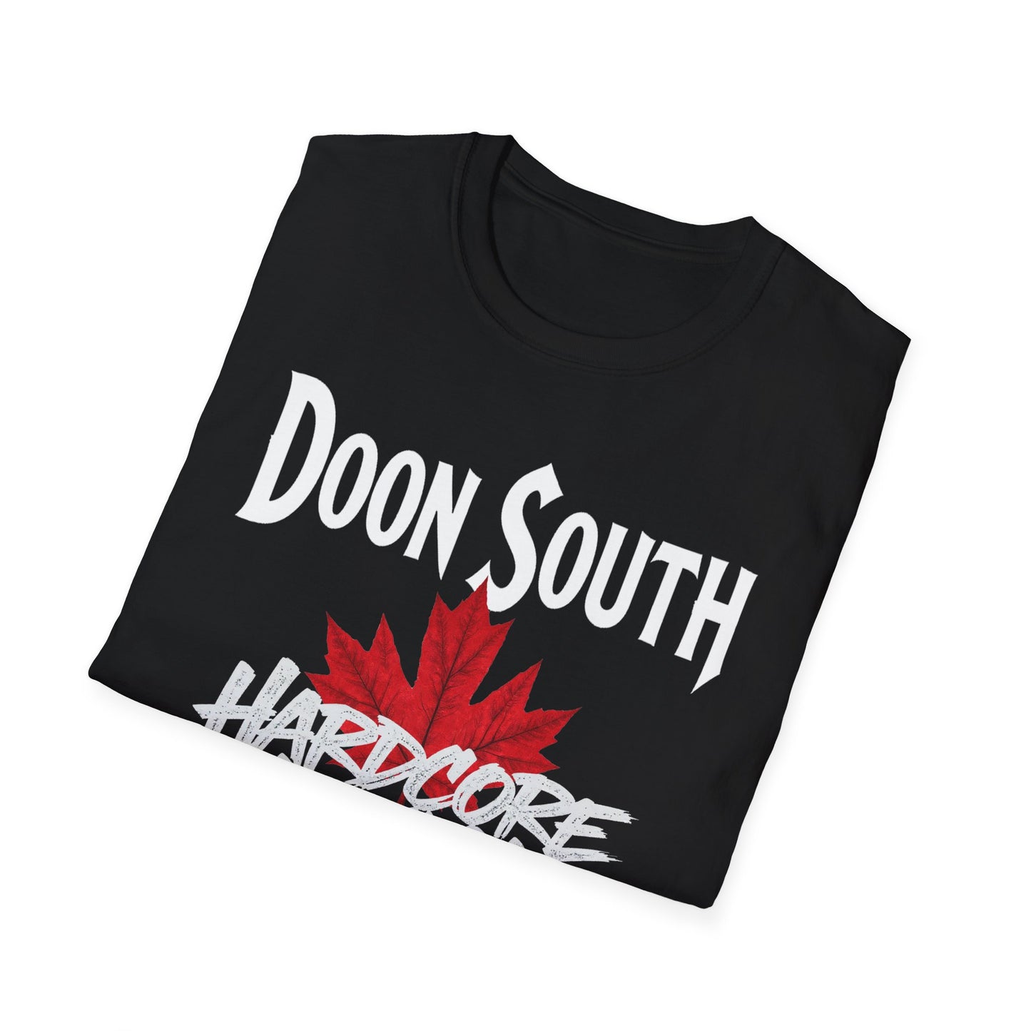 Doon South Hardcore We Support Our Own Red Leaf T-Shirt, c03-n02-s006 Softstyle Graphic Tee, Unisex Casual Wear, Support'n Locals Merch, Gift for Community Lovers.