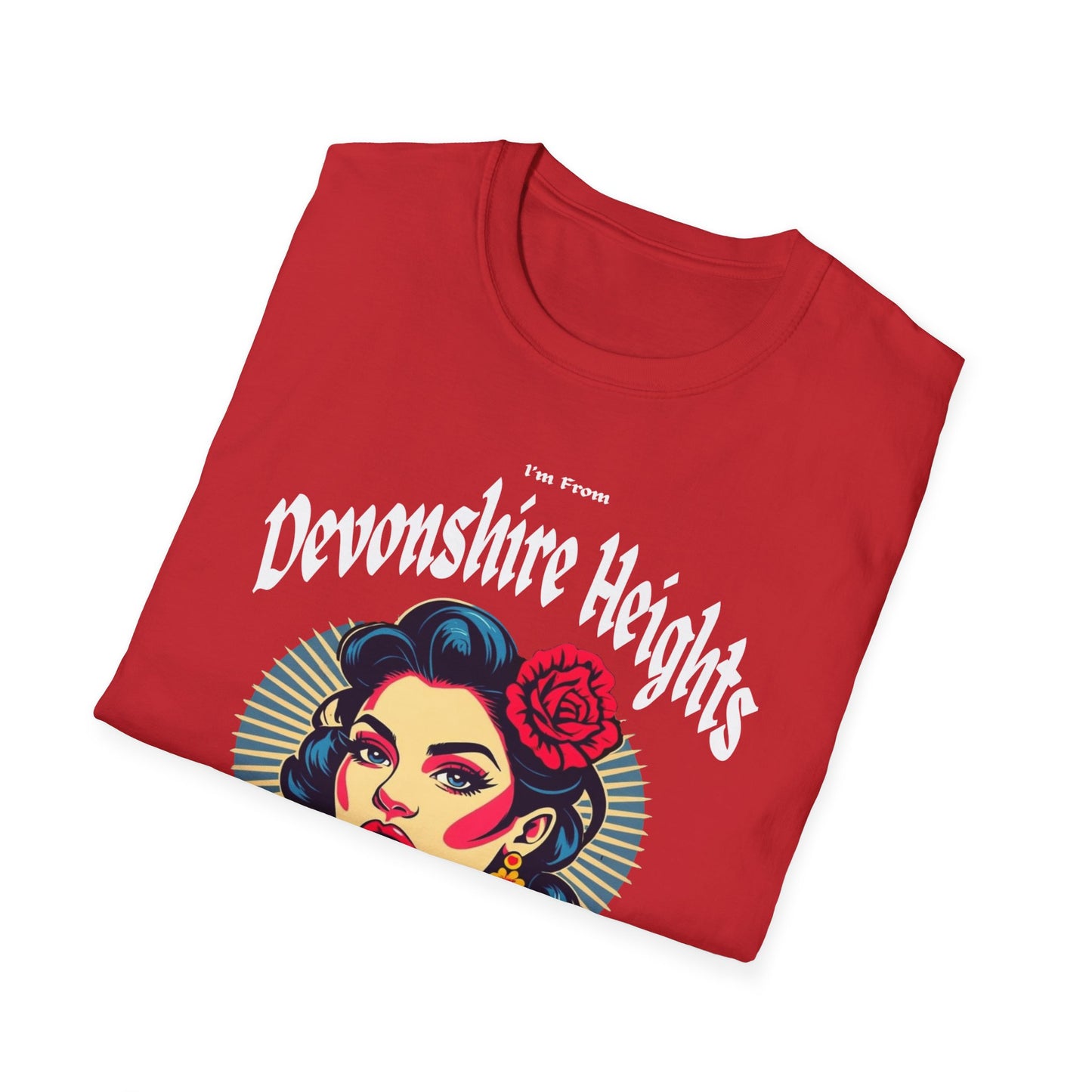 Devonshire Heights Underestimate Gal T-Shirt, c01-n15-s001 Softstyle Graphic Tee, Unisex Casual Wear, Support'n Locals Merch, Gift for Community Lovers.