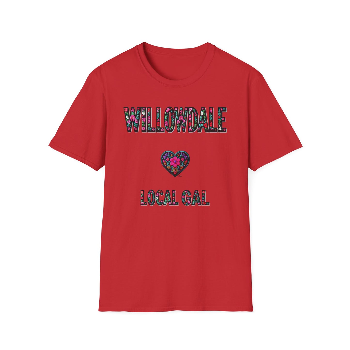 Willowdale Local Gal Flower-Heart T-Shirt, c06-n05-s005 Softstyle Graphic Tee, Unisex Casual Wear, Support Local Merch, Gift for Community Lovers, Finkz WINDSOR