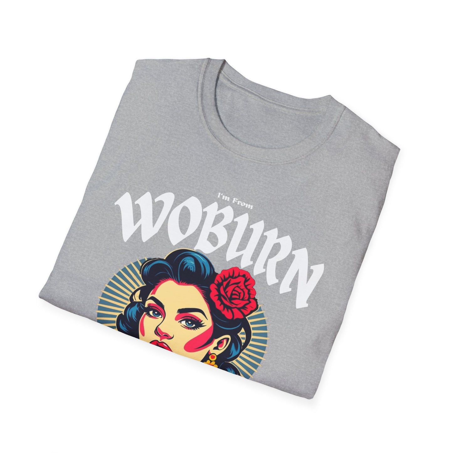 Woburn Underestimate Gal T-Shirt, c06-n06-s001 Softstyle Graphic Tee, Unisex Casual Wear, Support'n Locals Merch, Gift for Community Lovers.