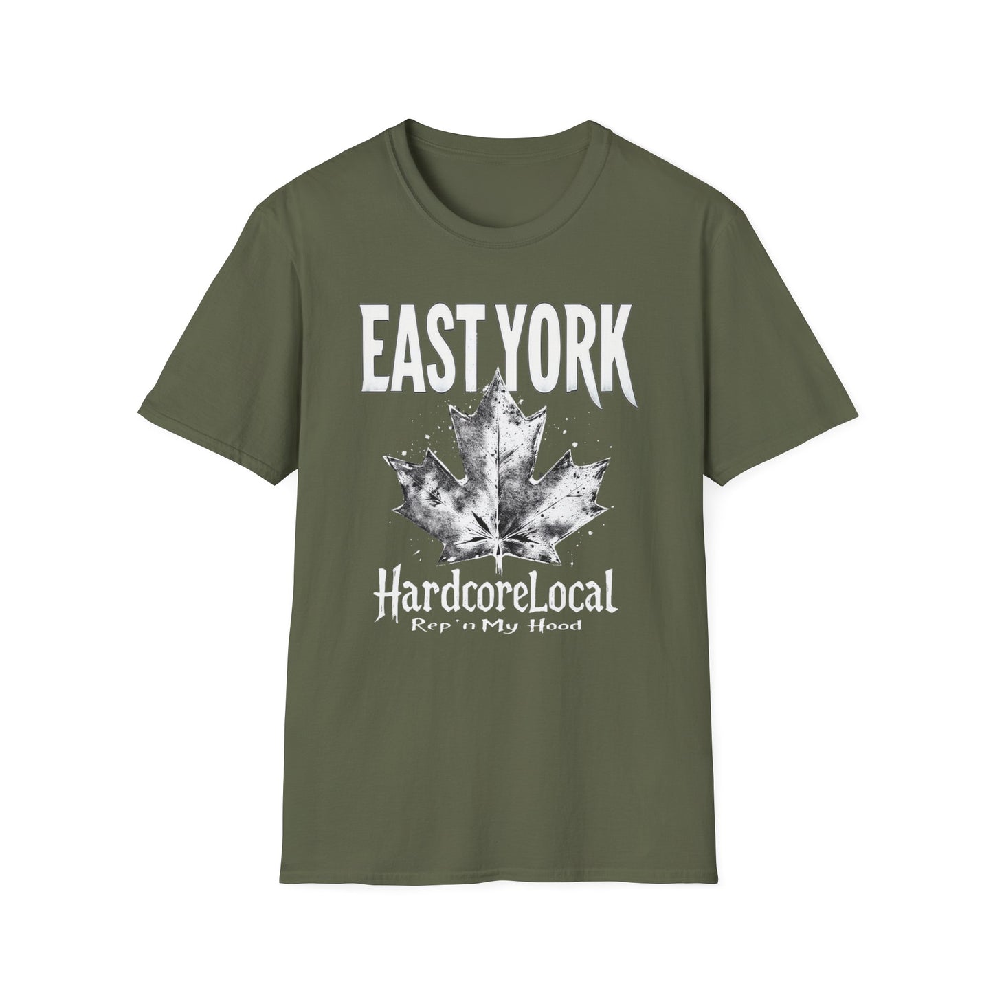 East York Hardcore Rep'n White Leaf T-Shirt, c06-n02-s007 Softstyle Graphic Tee, Unisex Casual Wear, Support'n Locals Merch, Gift for Community Lovers.