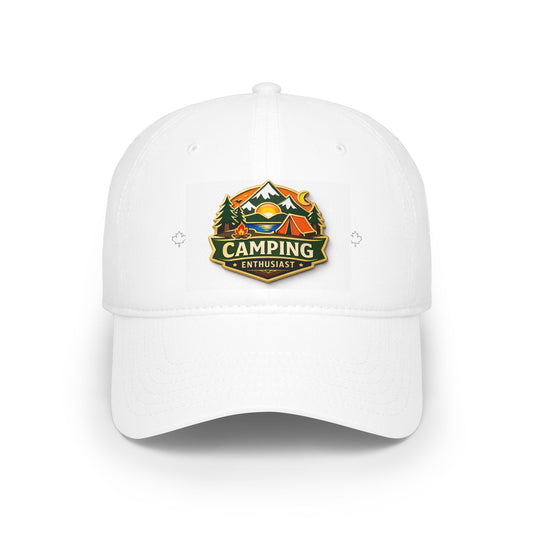 Camping Enthusiast White Low Profile Baseball Cap, Adjustable Hat, Outdoor Gear, Casual Style, Gift for Nature Lovers CampingEnthusiast.com