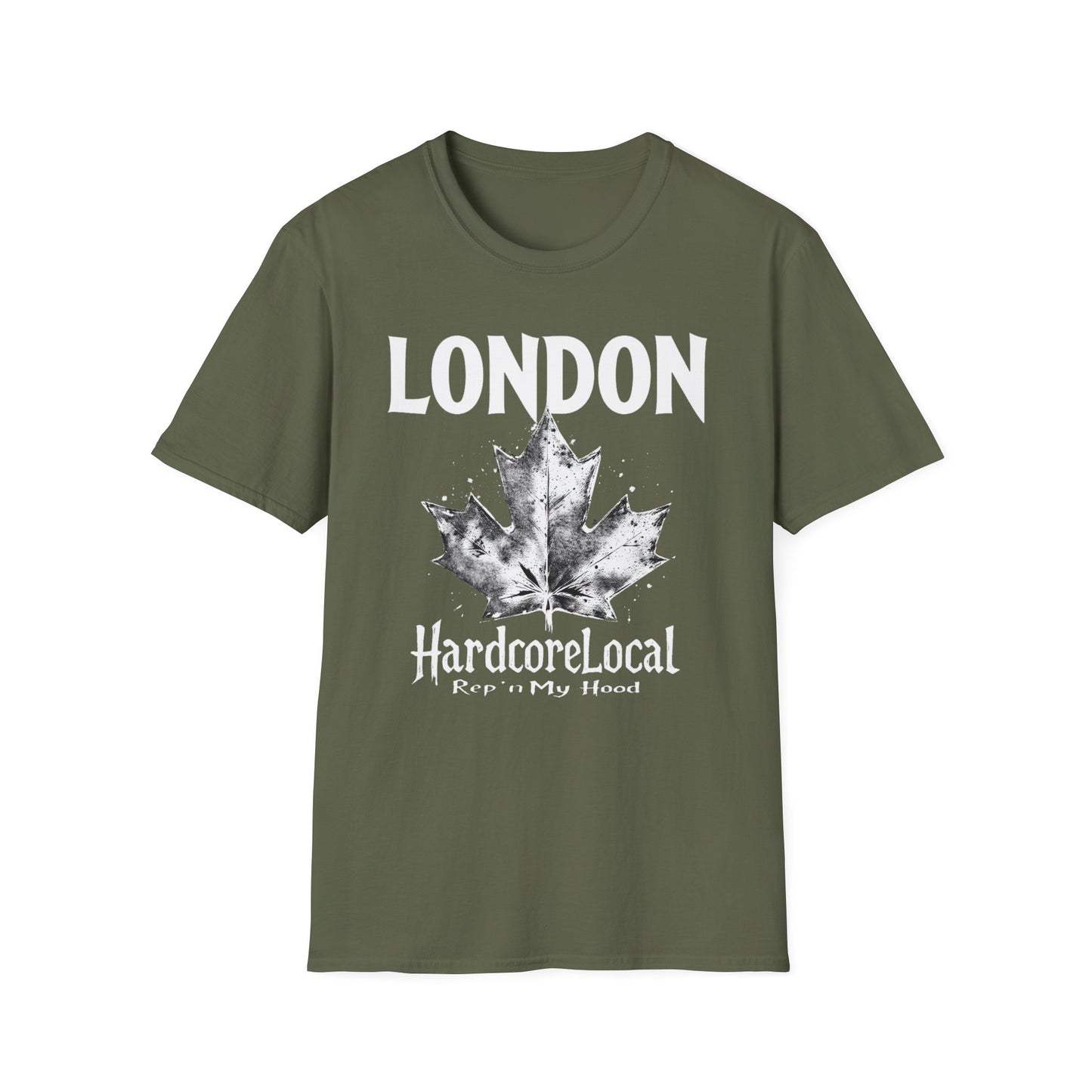 London Hardcore Rep'n White Leaf T-Shirt, c002-n00-s007 Softstyle Graphic Tee, Unisex Casual Wear, Support'n Locals Merch, Gift for Community Lovers.
