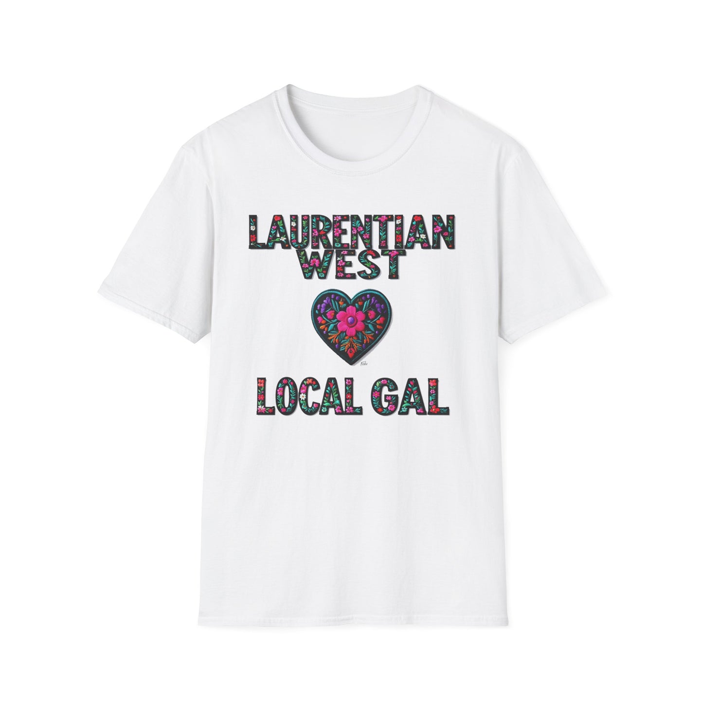 Laurentian West Local Gal Flower-Heart T-Shirt, c03-n01-s005 Softstyle Graphic Tee, Unisex Casual Wear, Support Local Merch, Gift for Community Lovers, Finkz WINDSOR