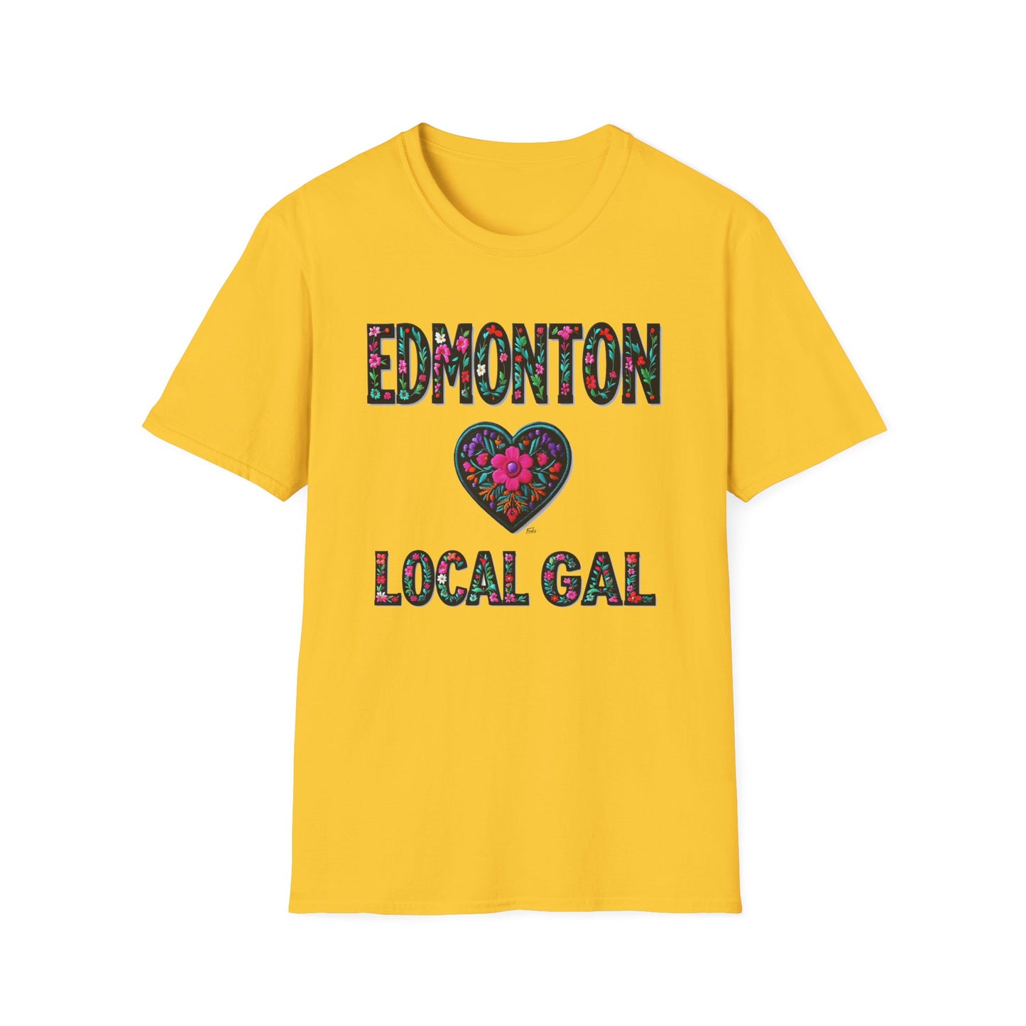 Edmonton Local Gal Flower-Heart T-Shirt, c012-n00-s005 Softstyle Graphic Tee, Unisex Casual Wear, Support Local Merch, Gift for Community Lovers, Finkz