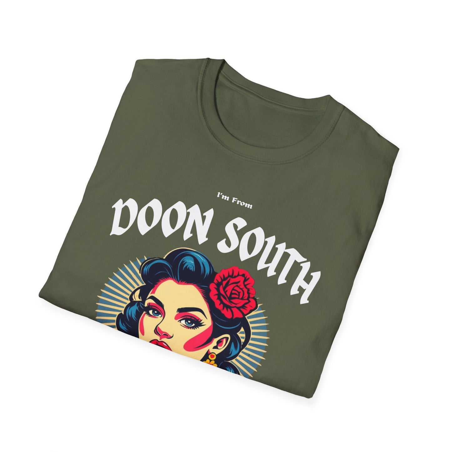 Doon South Underestimate Gal T-Shirt, c03-n02-s001 Softstyle Graphic Tee, Unisex Casual Wear, Support'n Locals Merch, Gift for Community Lovers.
