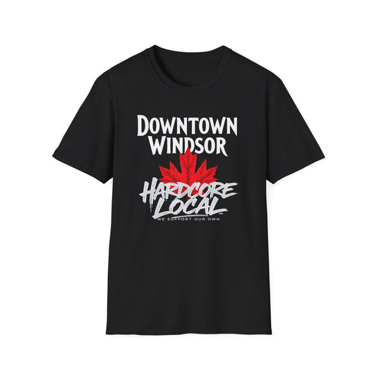 DOWNTOWN WINDSOR Hardcore Local, We Support Our Own,  Red Leaf 3 T-Shirt, Softstyle Graphic Tee, Unisex Casual Wear, Support Local Merch, Gift for Community Lovers, FINKZ WINDSOR