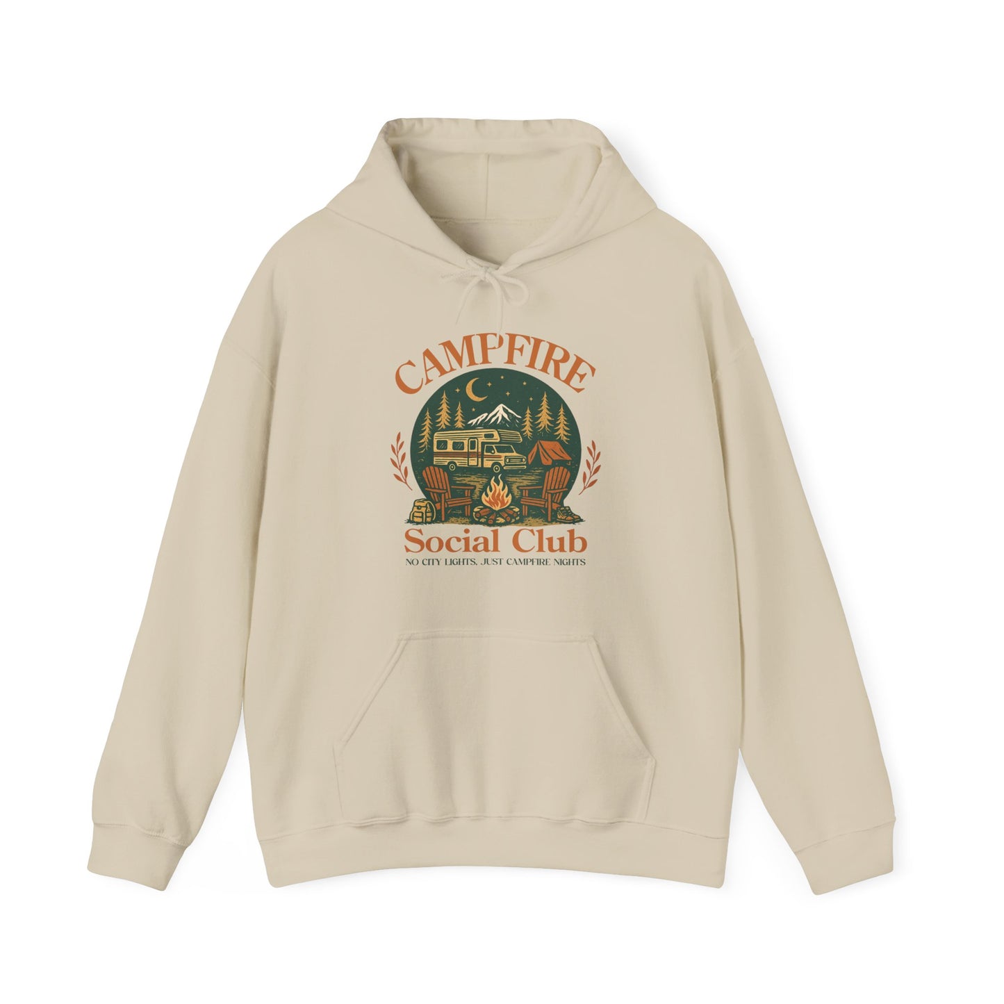 Campfire Social Club Hoodie | HappyCamperCrew.Com 100% Authentic | Cozy Camping Hoodie | Unisex Hooded Sweatshirt for Nature Lovers, Casual Wear, Gift for Him/Her, Outdoor Adventures, Cozy Days & Warm Nights By The Campfire