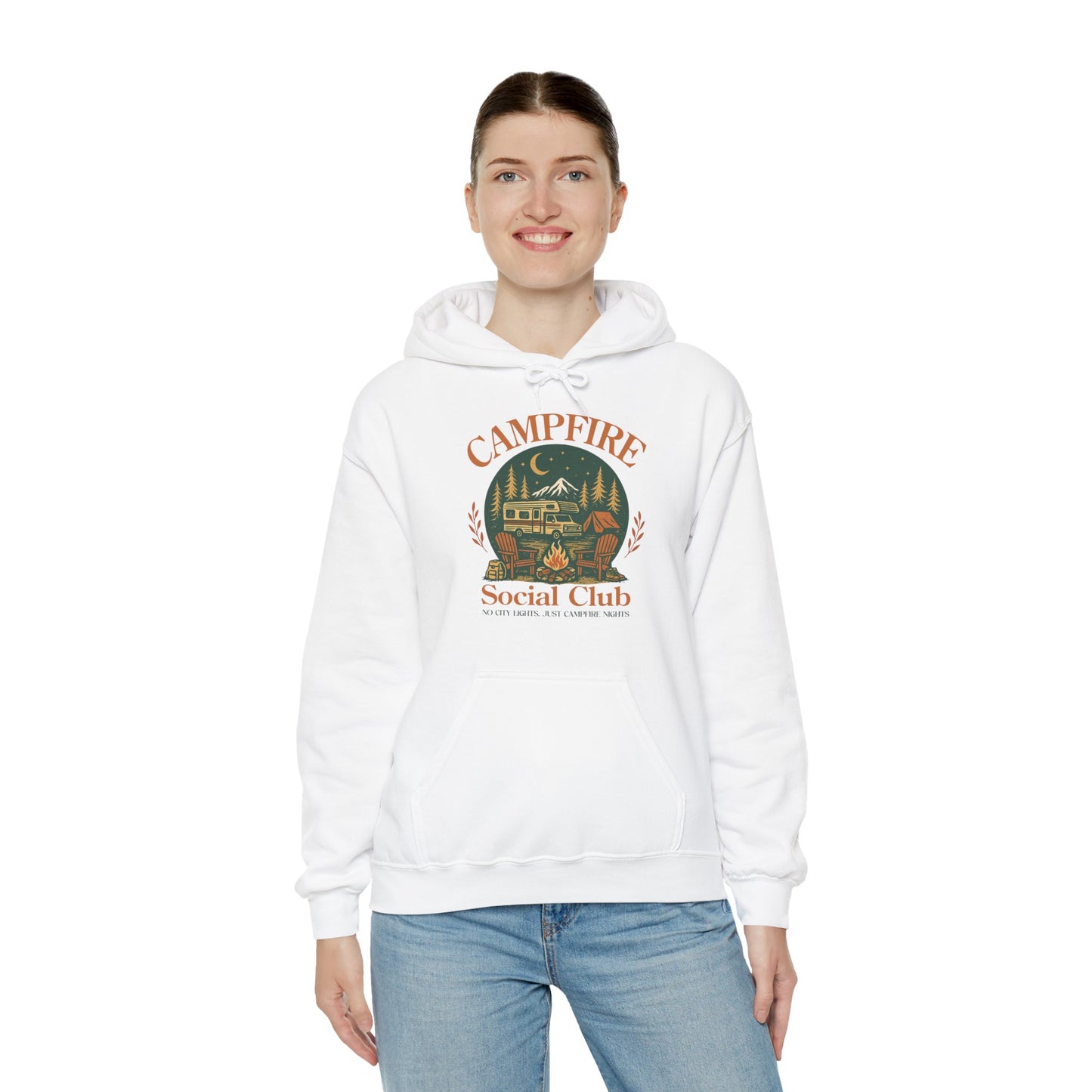 Campfire Social Club Hoodie | HappyCamperCrew.Com 100% Authentic | Cozy Camping Hoodie | Unisex Hooded Sweatshirt for Nature Lovers, Casual Wear, Gift for Him/Her, Outdoor Adventures, Cozy Days & Warm Nights By The Campfire