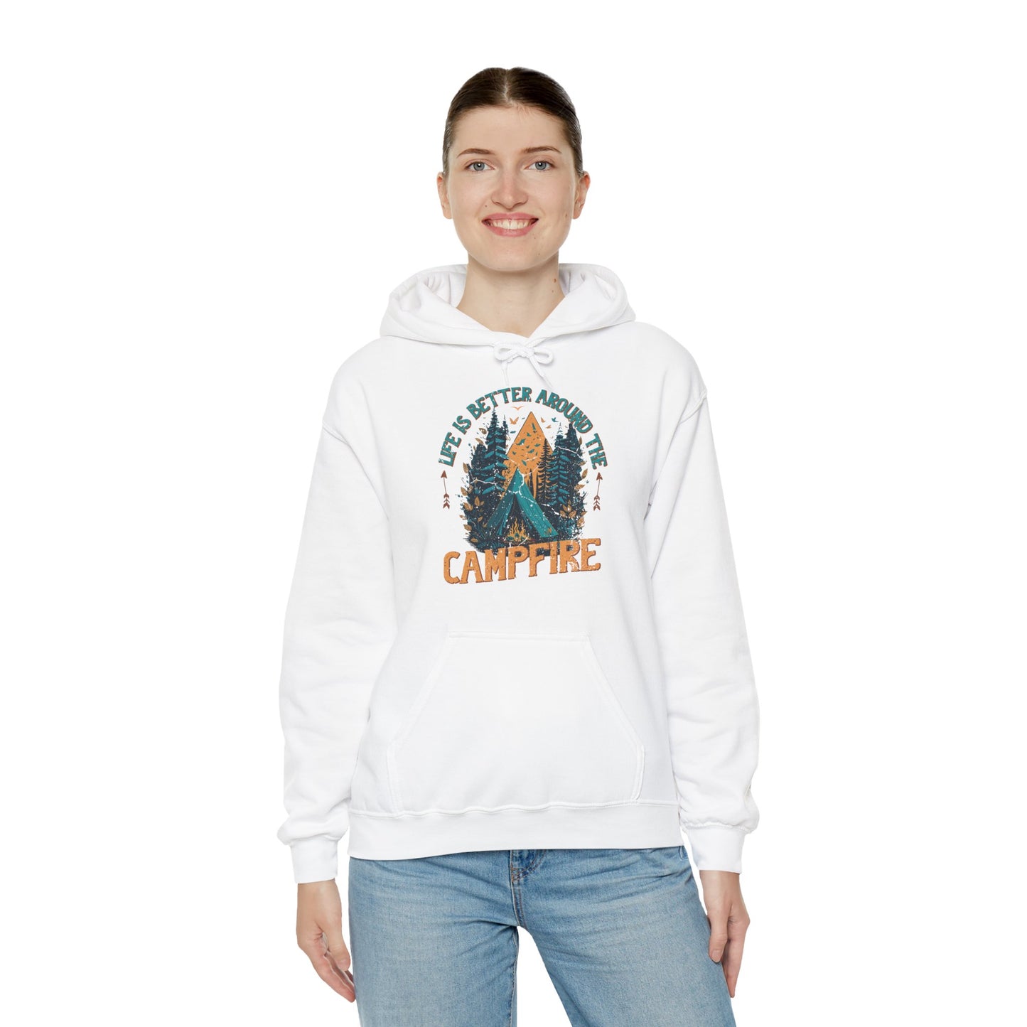 Life Is Better Around The Campfire Hoodie | HappyCamperCrew.Com 100% Authentic | Cozy Camping Hoodie | Unisex Hooded Sweatshirt for Nature Lovers, Casual Wear, Gift for Him/Her, Outdoor Adventures, Cozy Days & Warm Nights by the Campfire