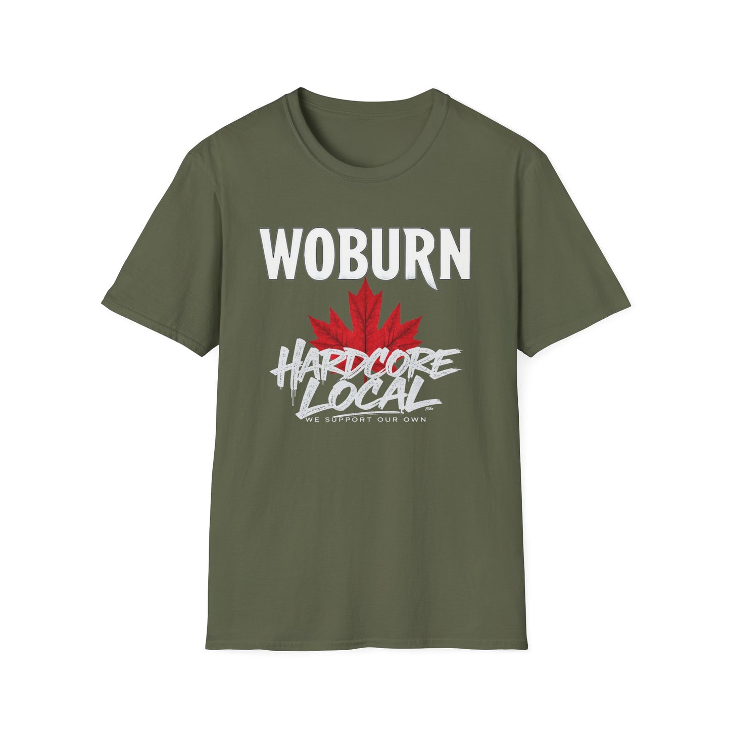 Woburn Hardcore We Support Our Own Red Leaf T-Shirt, c06-n06-s006 Softstyle Graphic Tee, Unisex Casual Wear, Support'n Locals Merch, Gift for Community Lovers.
