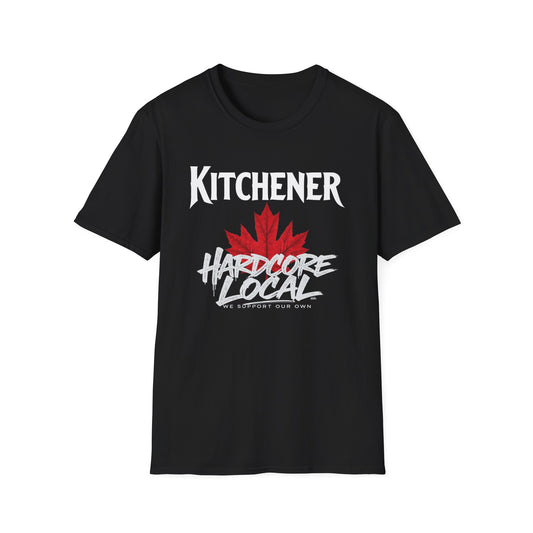 Kitchener Hardcore We Support Our Own Red Leaf T-Shirt, c03-n00-s006 Softstyle Graphic Tee, Unisex Casual Wear, Support'n Locals Merch, Gift for Community Lovers.
