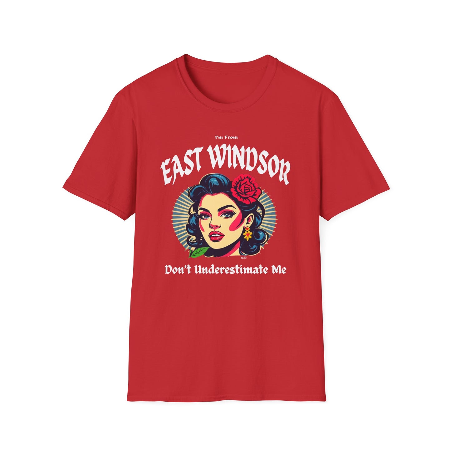 East Windsor Underestimate Gal T-Shirt, c01-n02-s001 Softstyle Graphic Tee, Unisex Casual Wear, Support'n Locals Merch, Gift for Community Lovers.