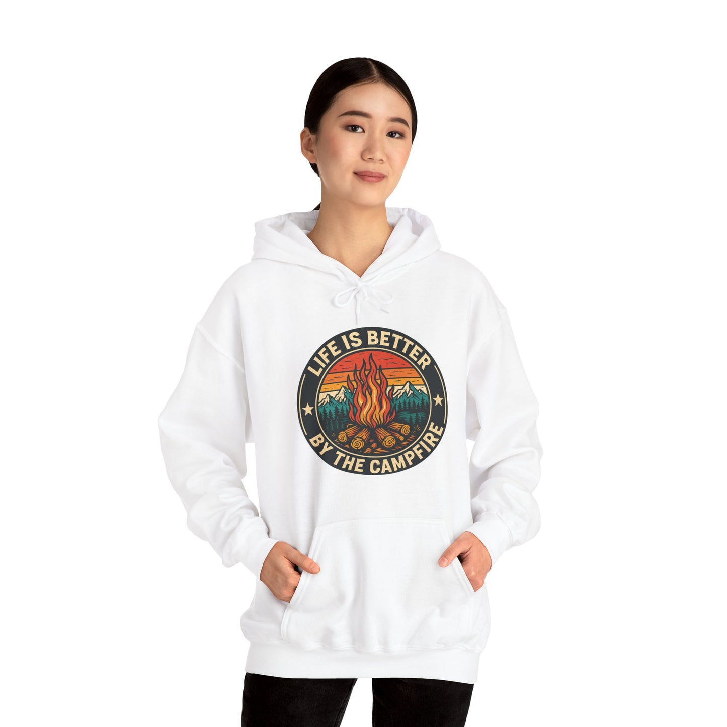 Life Is Better Around The Campfire Hoodie | HappyCamperCrew.Com 100% Authentic | Cozy Camping Hoodie | Unisex Hooded Sweatshirt for Nature Lovers, Casual Wear, Gift for Him/Her, Outdoor Adventures, Cozy Days & Warm Nights by the Campfire