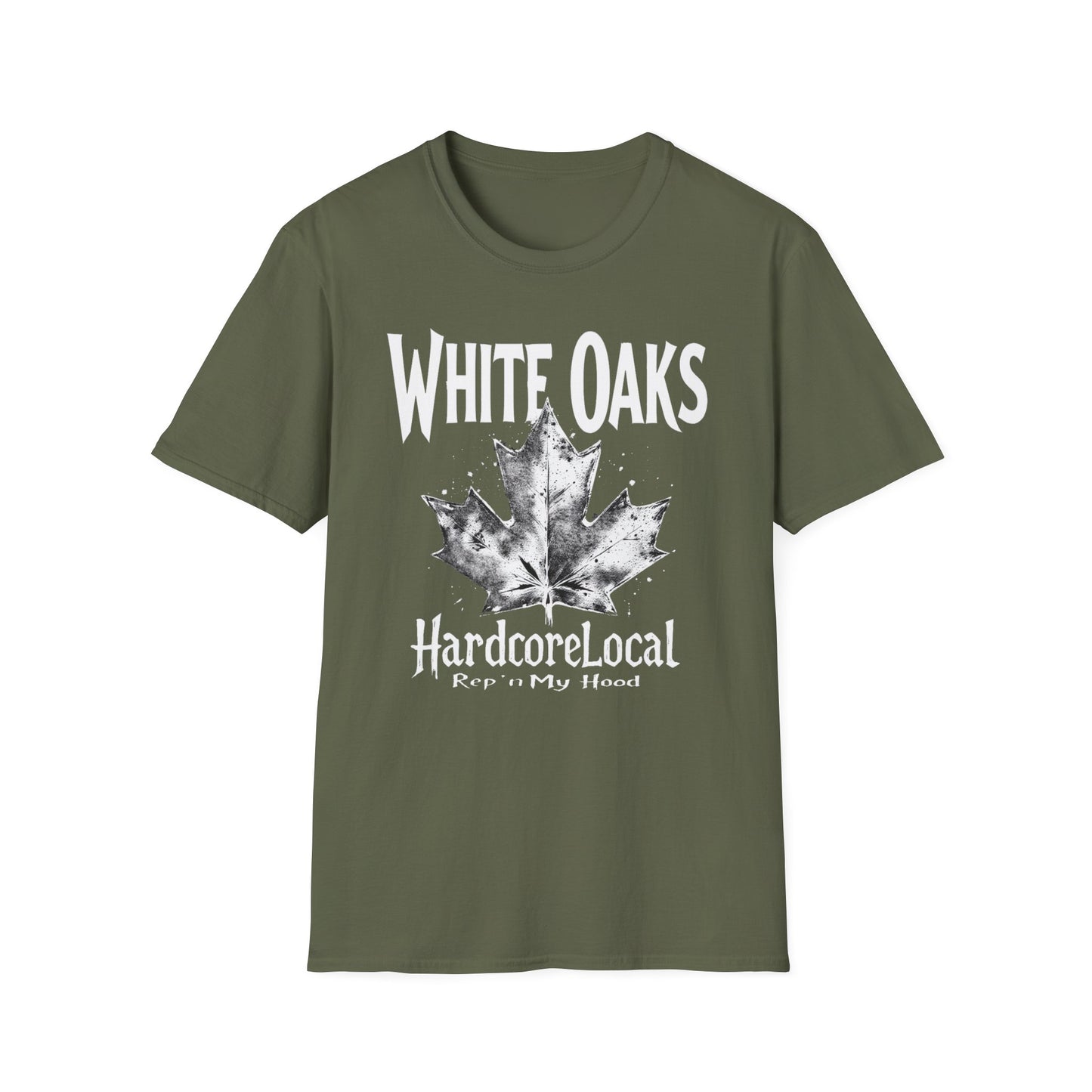 White Oaks Hardcore Rep'n White Leaf T-Shirt, c02-n09-s007 Softstyle Graphic Tee, Unisex Casual Wear, Support'n Locals Merch, Gift for Community Lovers.