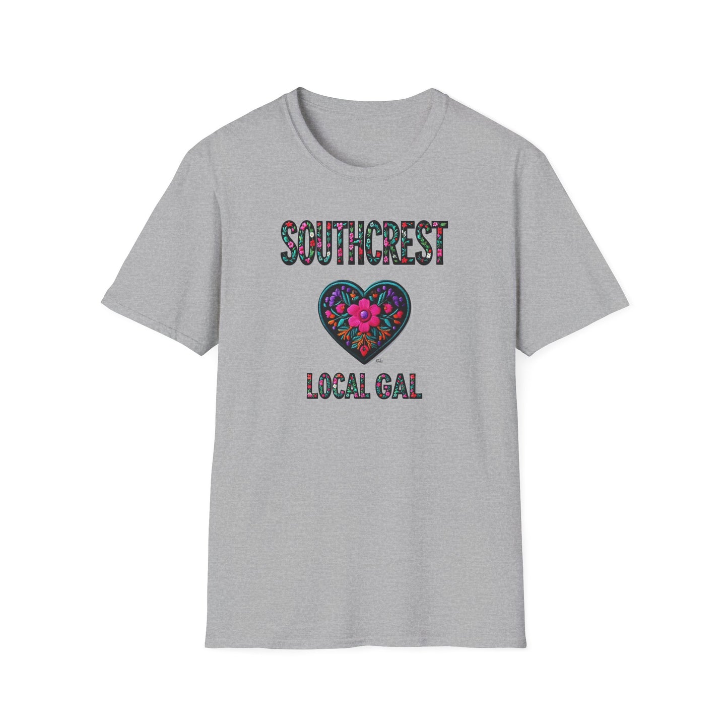 Southcrest Local Gal Flower-Heart T-Shirt, c02-n07-s05  Softstyle Graphic Tee, Unisex Casual Wear, Support Local Merch, Gift for Community Lovers, Finkz WINDSOR