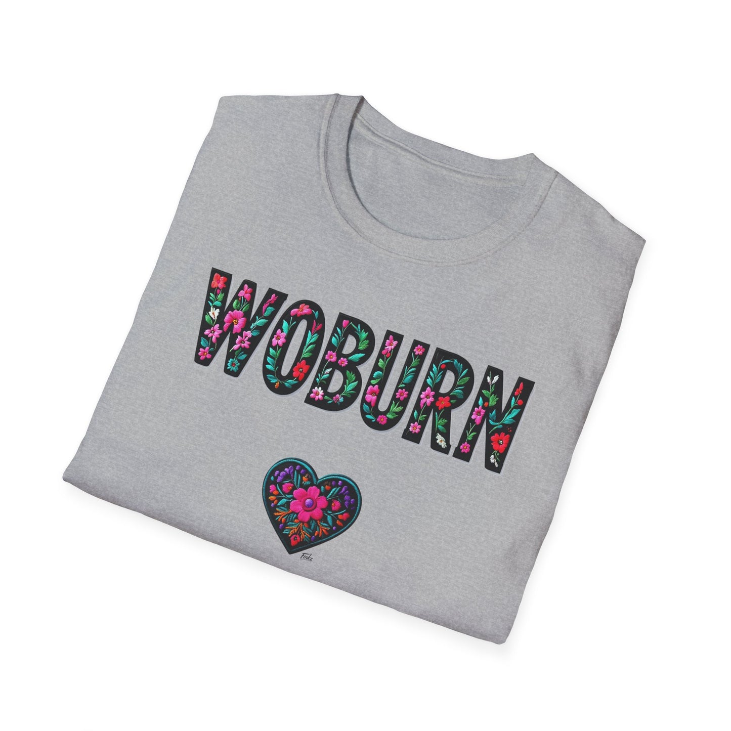 Woburn Local Gal Flower-Heart T-Shirt, c06-n06-s005 Softstyle Graphic Tee, Unisex Casual Wear, Support Local Merch, Gift for Community Lovers, Finkz WINDSOR