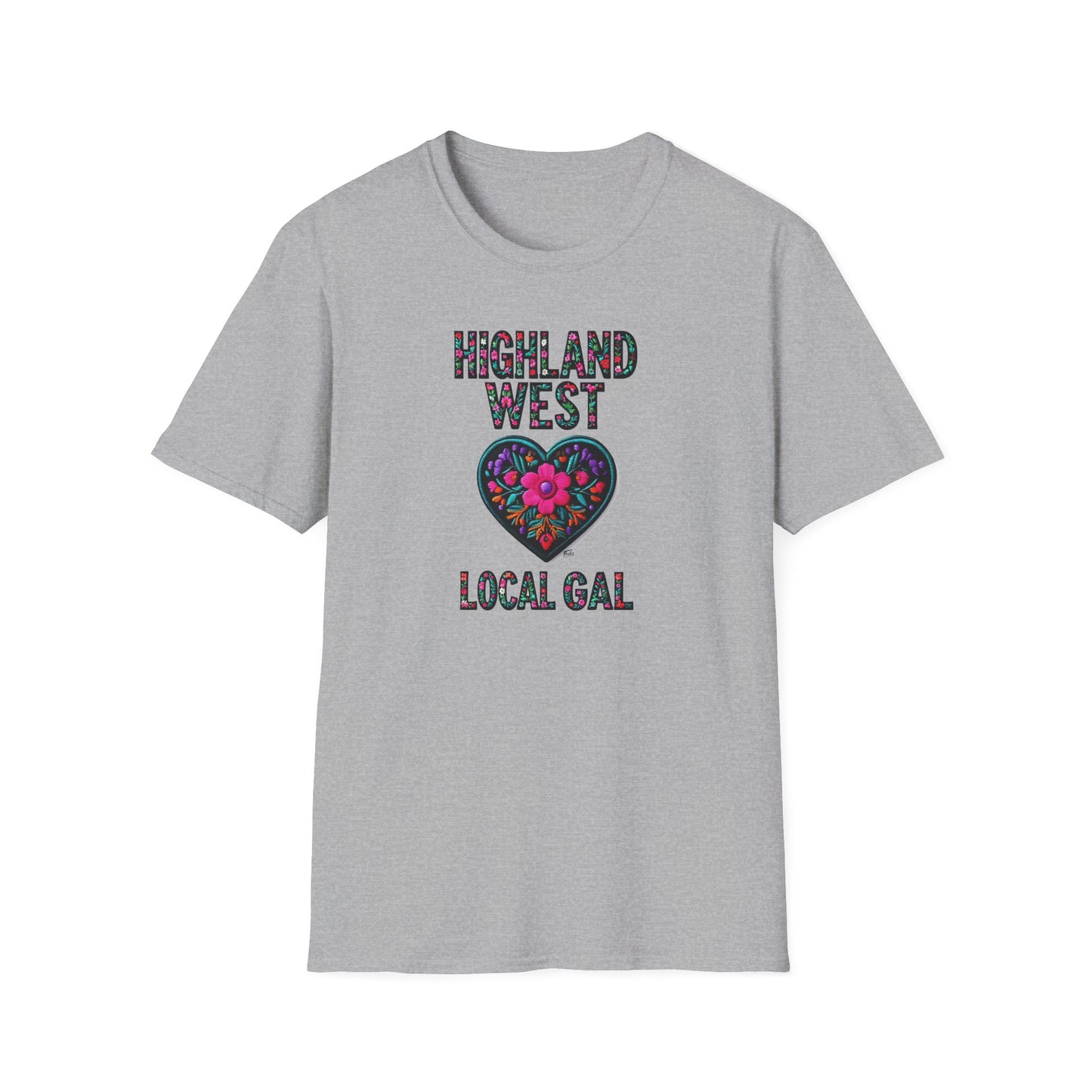 Highland West Local Gal Flower-Heart T-Shirt, c03-n05-s05  Softstyle Graphic Tee, Unisex Casual Wear, Support Local Merch, Gift for Community Lovers, Finkz WINDSOR