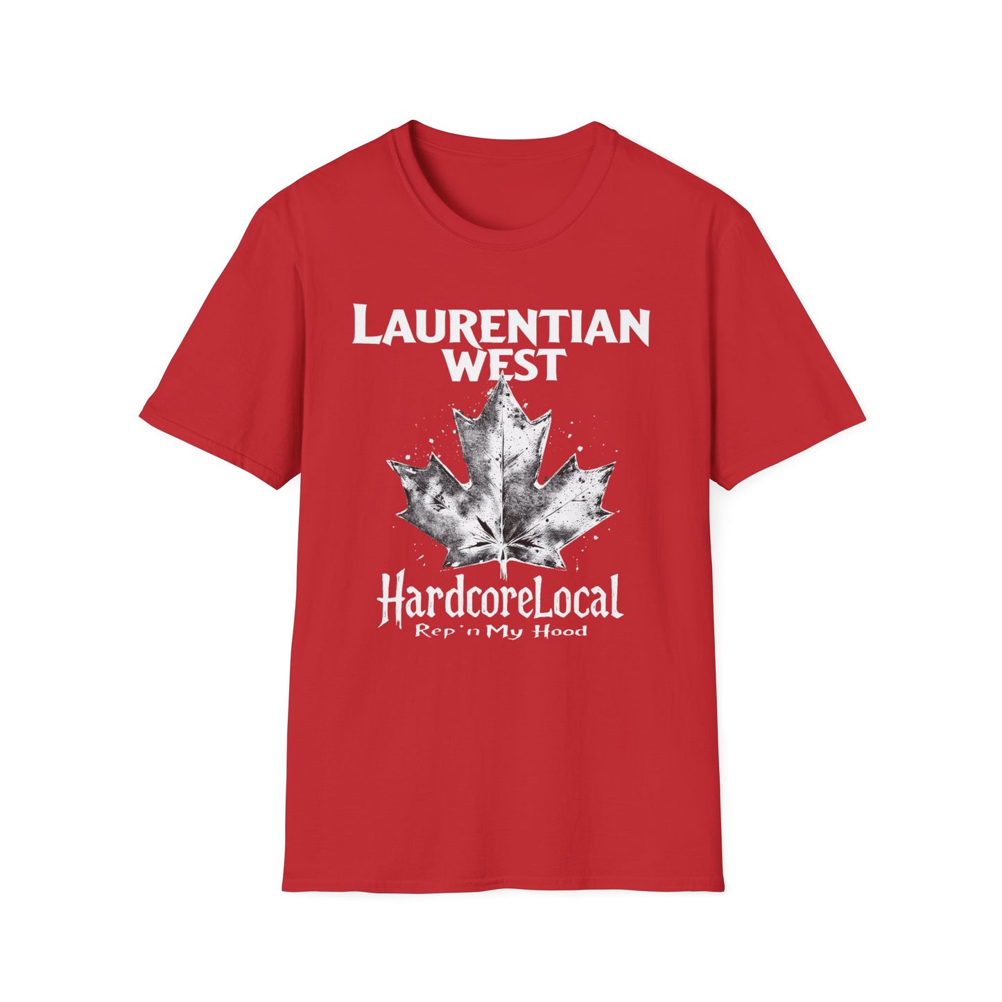 Laurentian West Hardcore Rep'n White Leaf T-Shirt, c003-n07-s007 Softstyle Graphic Tee, Unisex Casual Wear, Support'n Locals Merch, Gift for Community Lovers.