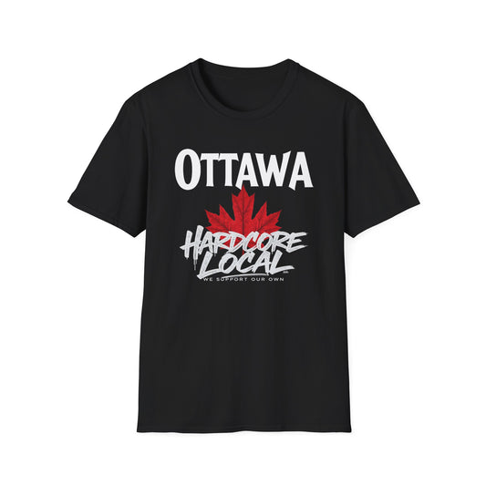 Ottawa Hardcore We Support Our Own Red Leaf T-Shirt, c07-n00-s006 Softstyle Graphic Tee, Unisex Casual Wear, Support'n Locals Merch, Gift for Community Lovers.