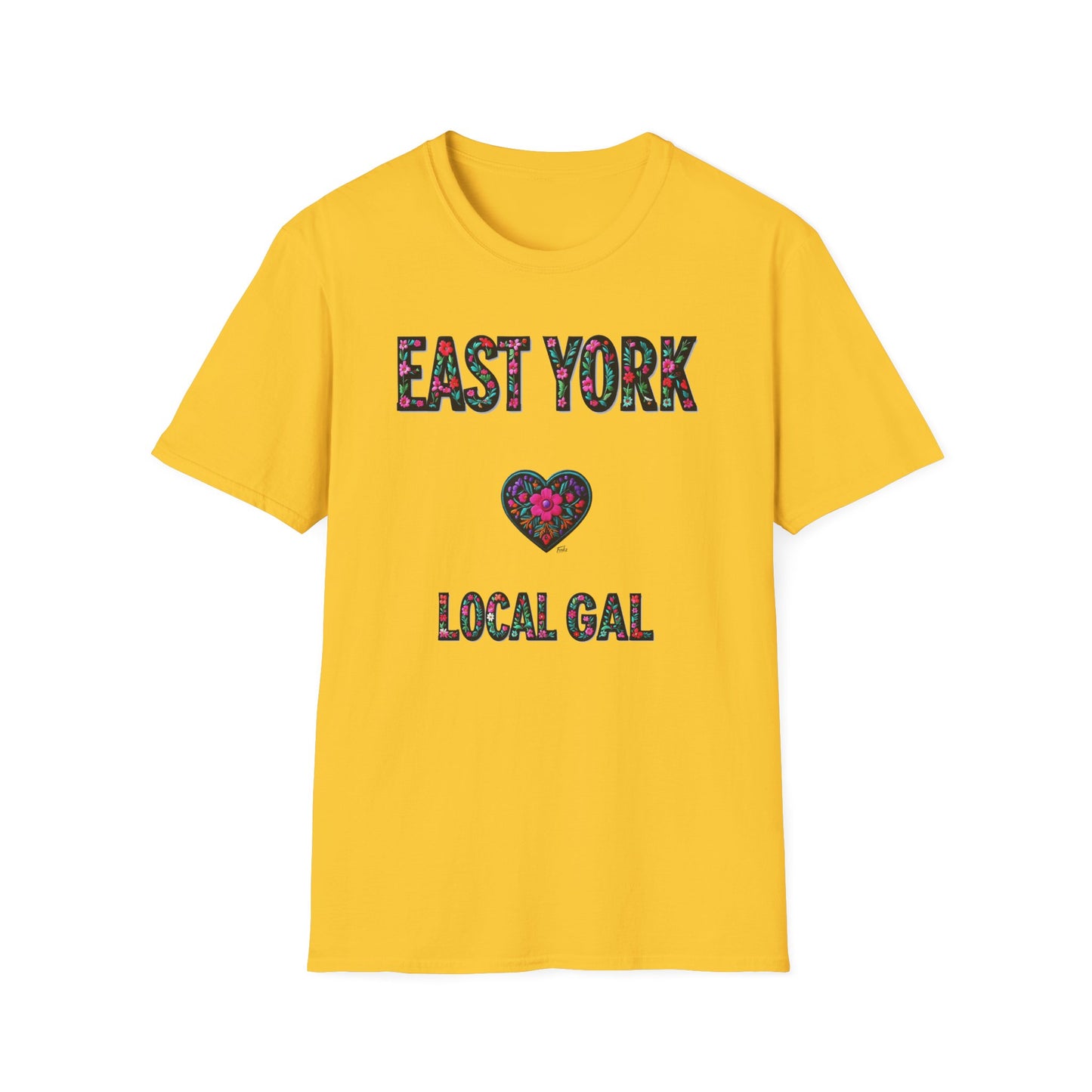 East York Local Gal Flower-Heart T-Shirt, c06-n02-s005 Softstyle Graphic Tee, Unisex Casual Wear, Support Local Merch, Gift for Community Lovers, Finkz WINDSOR