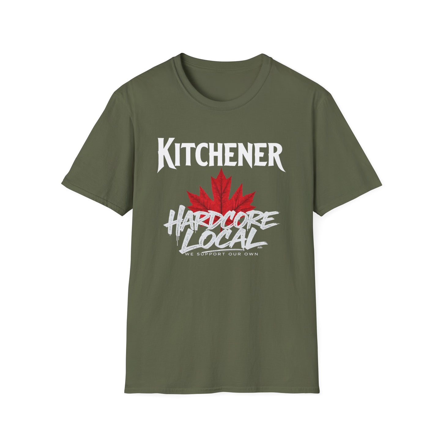 Kitchener Hardcore We Support Our Own Red Leaf T-Shirt, c03-n00-s006 Softstyle Graphic Tee, Unisex Casual Wear, Support'n Locals Merch, Gift for Community Lovers.