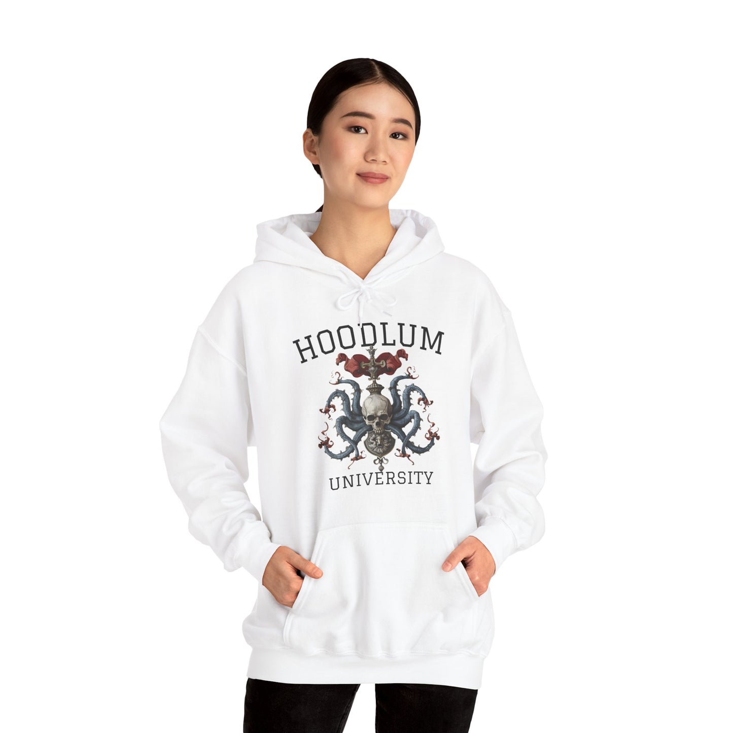 Hoodlum University White Cozy Hoodie Skull | Unisex Sweatshirt for Nature Lovers, Casual Wear, Gift for Him/Her, Outdoor Adventures, Cozy Days Canada Patriotic