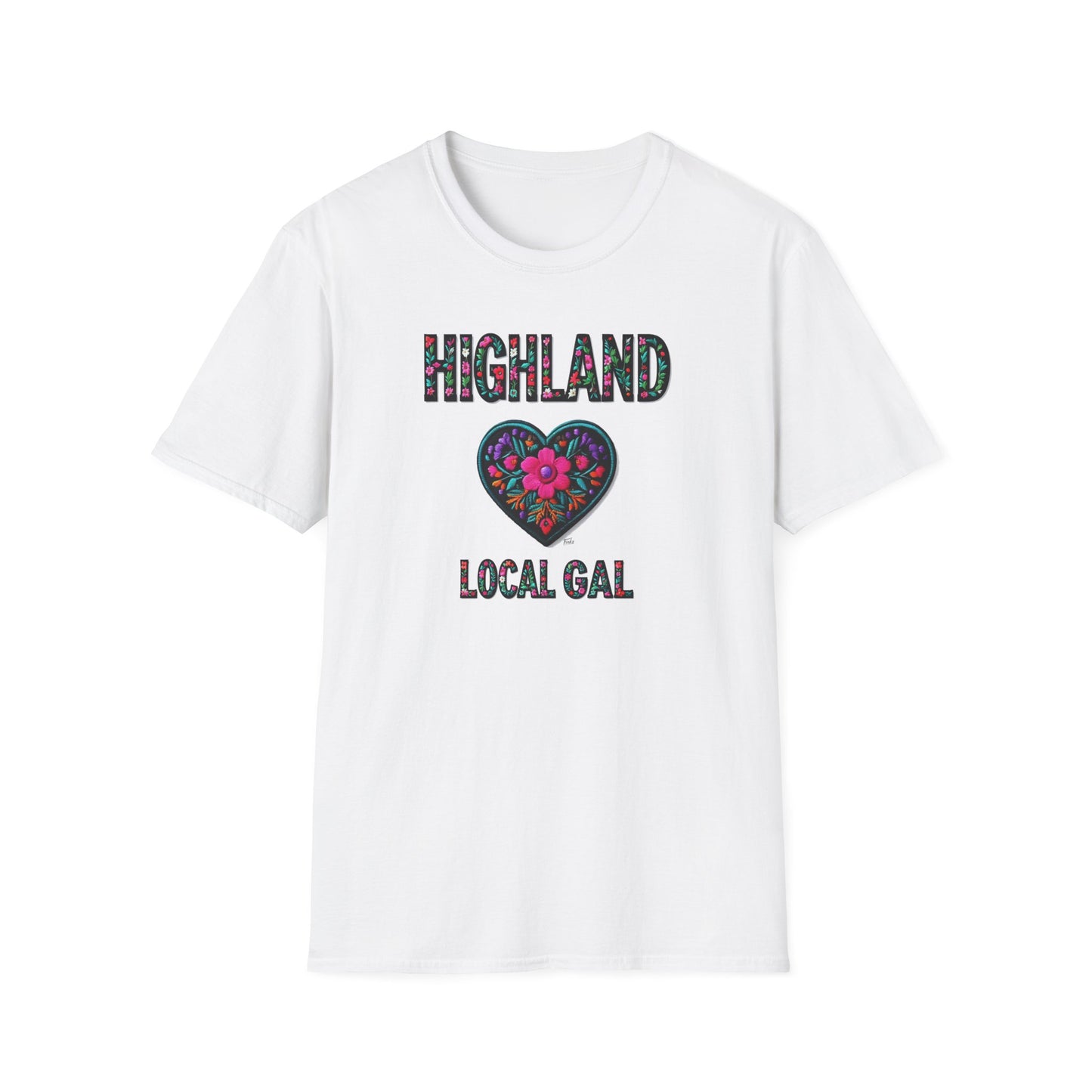 Highland Local Gal Flower-Heart T-Shirt, c02-n05-s05  Softstyle Graphic Tee, Unisex Casual Wear, Support Local Merch, Gift for Community Lovers, Finkz WINDSOR