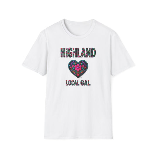 Highland Local Gal Flower-Heart T-Shirt, c02-n05-s05  Softstyle Graphic Tee, Unisex Casual Wear, Support Local Merch, Gift for Community Lovers, Finkz WINDSOR