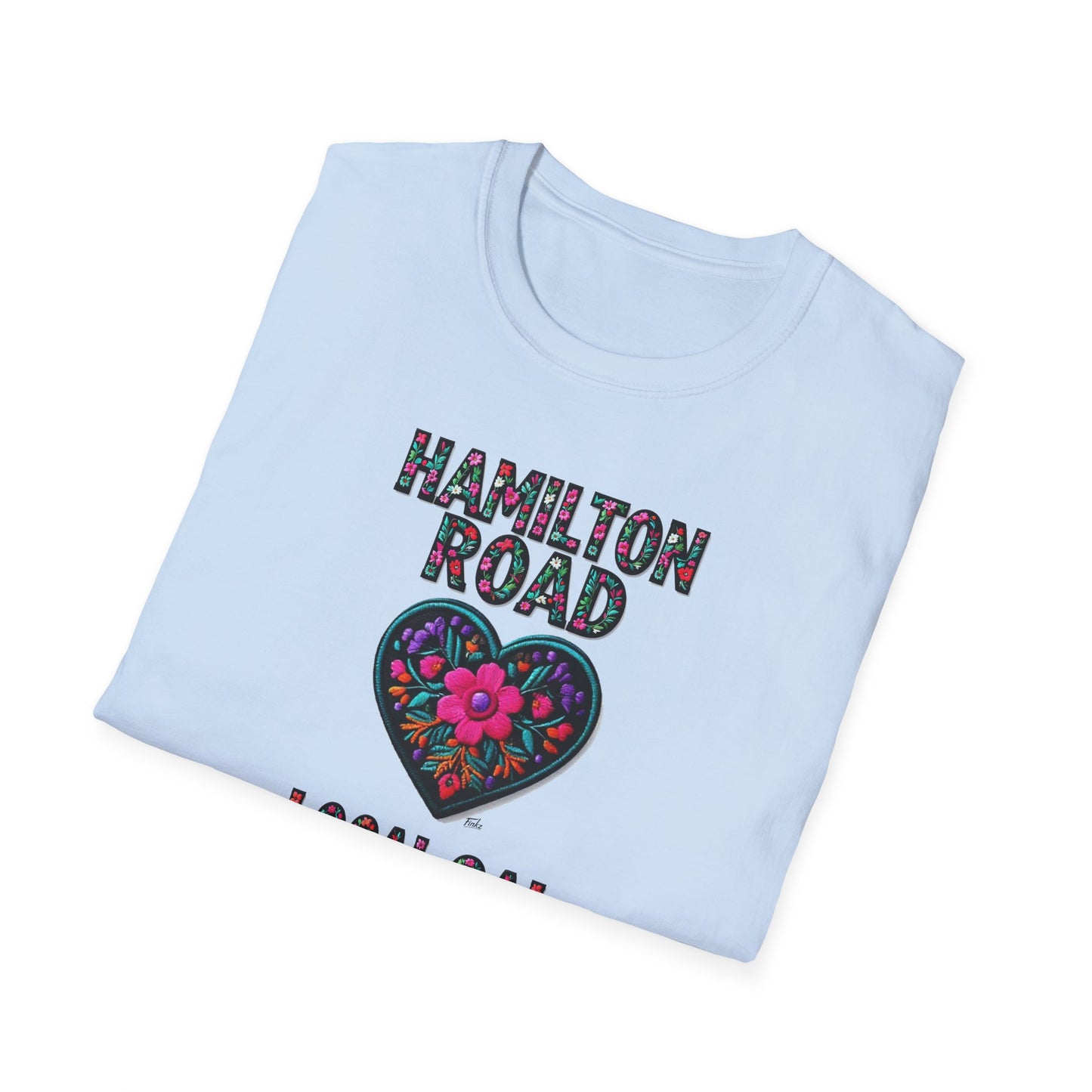 Hamilton Road Local Gal Flower-Heart T-Shirt, c02-n04-s05  Softstyle Graphic Tee, Unisex Casual Wear, Support Local Merch, Gift for Community Lovers, Finkz WINDSOR