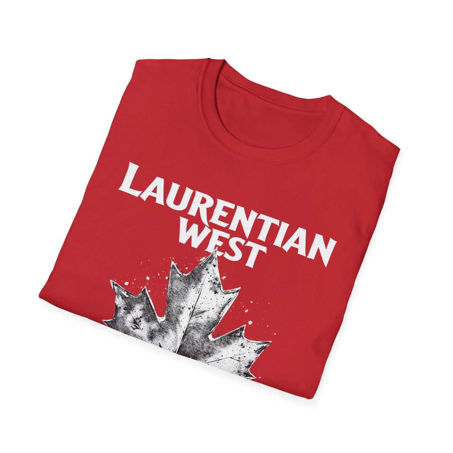 Laurentian West Hardcore Rep'n White Leaf T-Shirt, c003-n07-s007 Softstyle Graphic Tee, Unisex Casual Wear, Support'n Locals Merch, Gift for Community Lovers.