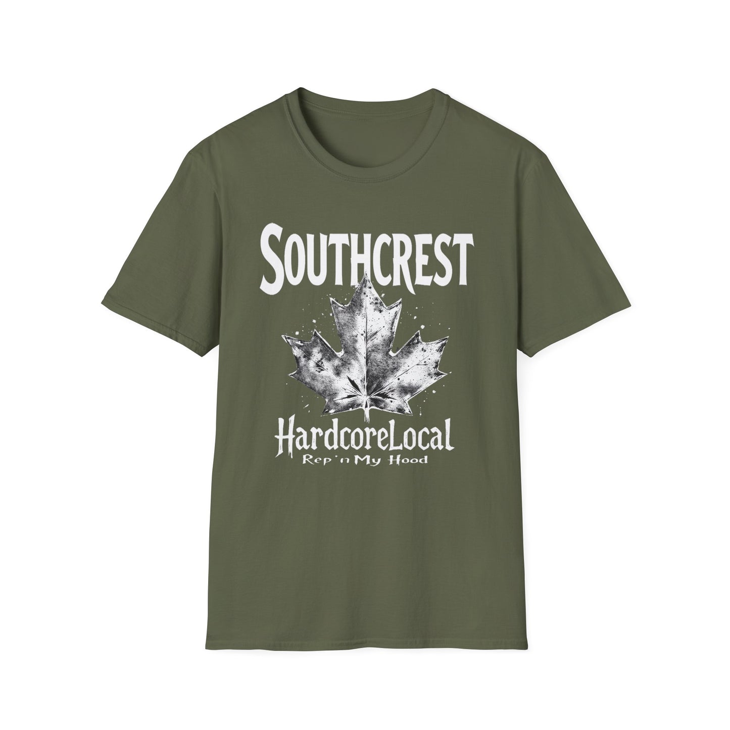 Southcrest Hardcore Rep'n White Leaf T-Shirt, c02-n07-s007 Softstyle Graphic Tee, Unisex Casual Wear, Support'n Locals Merch, Gift for Community Lovers.