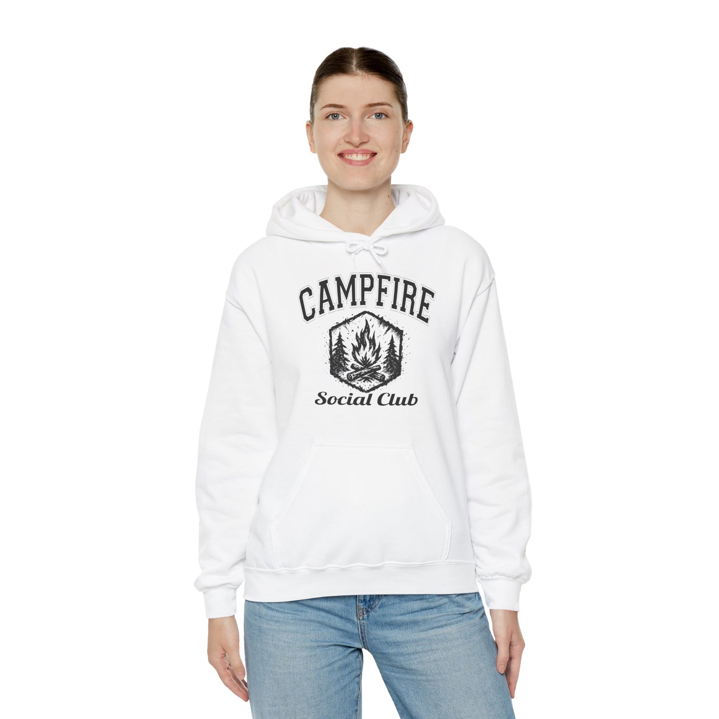Campfire Social Club Hoodie | HappyCamperCrew.Com 100% Authentic | Cozy Camping Hoodie | Unisex Hooded Sweatshirt for Nature Lovers, Casual Wear, Gift for Him/Her, Outdoor Adventures, Cozy Days & Warm Nights by the Campfire