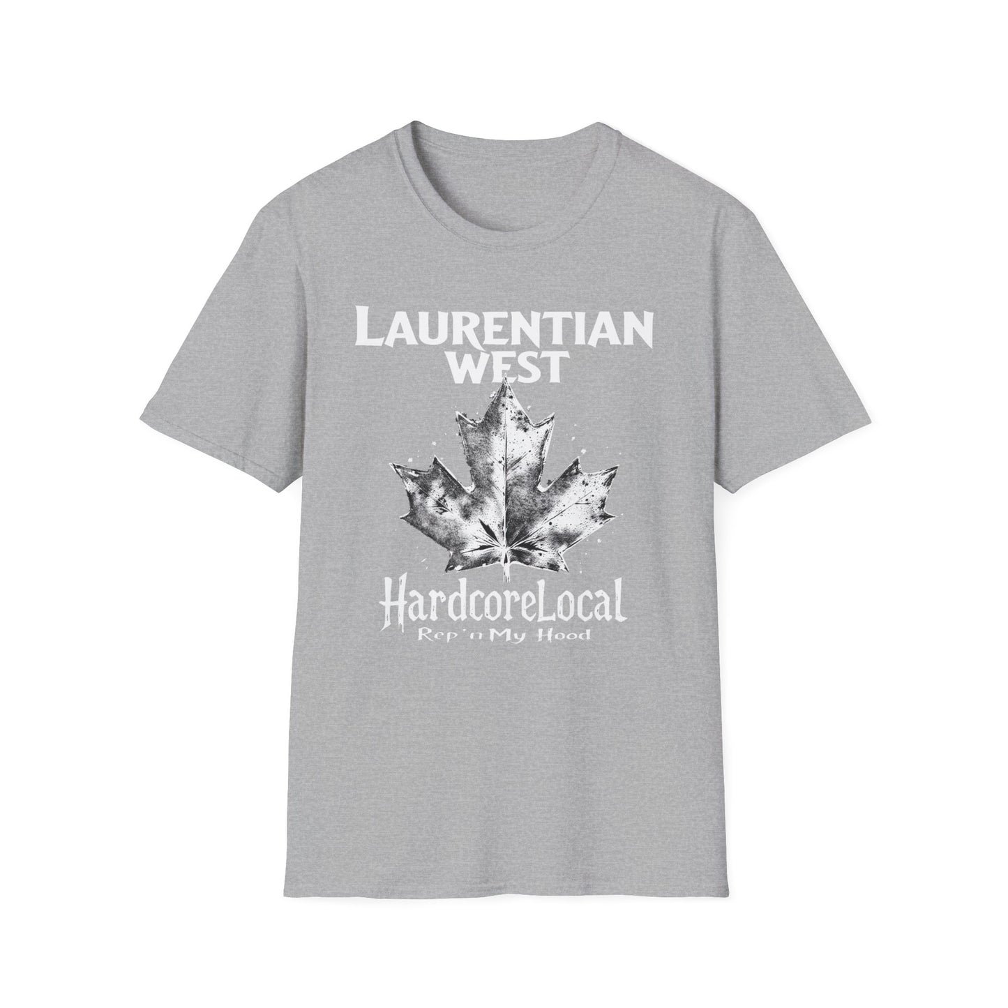 Laurentian West Hardcore Rep'n White Leaf T-Shirt, c003-n07-s007 Softstyle Graphic Tee, Unisex Casual Wear, Support'n Locals Merch, Gift for Community Lovers.