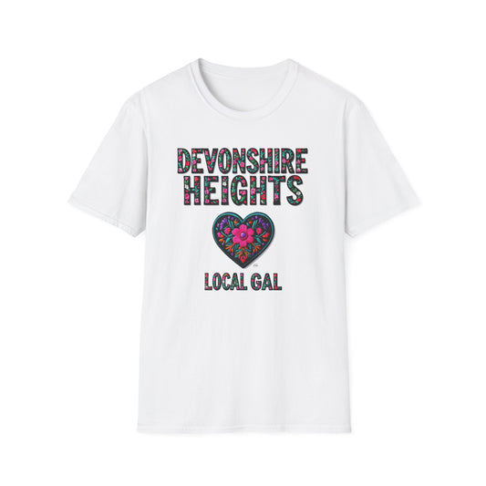 DEVONSHIRE HEIGHTS Local Gal Flower-Heart T-Shirt, 3 Softstyle Graphic Tee, Unisex Casual Wear, Support Local Merch, Gift for Community Lovers, Finkz WINDSOR