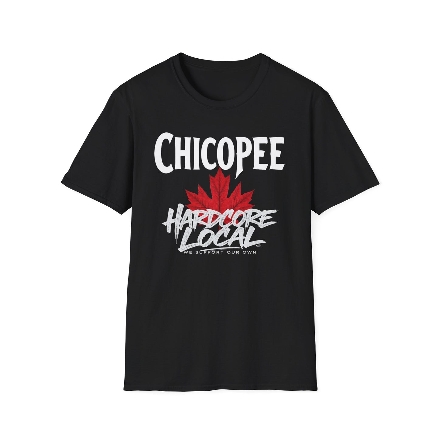 Chicopee Hardcore We Support Our Own Red Leaf T-Shirt, c03-n01-s006 Softstyle Graphic Tee, Unisex Casual Wear, Support'n Locals Merch, Gift for Community Lovers.