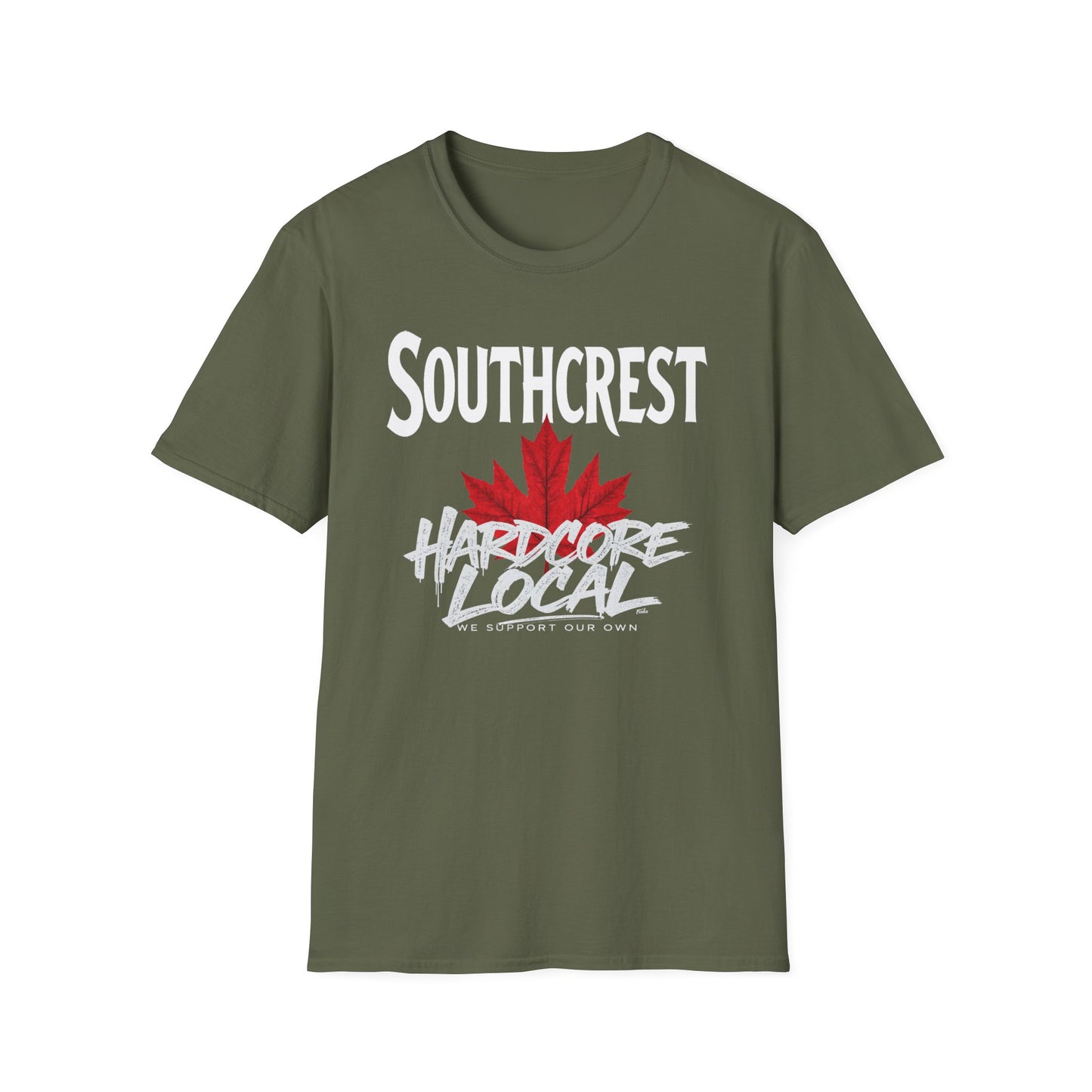 Southcrest Hardcore We Support Our Own Red Leaf T-Shirt, c02-n07-s006 Softstyle Graphic Tee, Unisex Casual Wear, Support'n Locals Merch, Gift for Community Lovers.