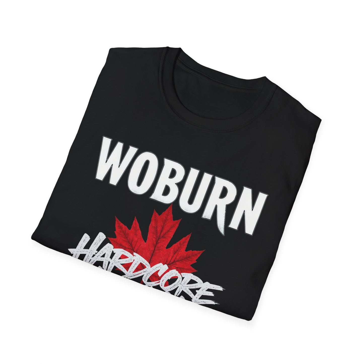Woburn Hardcore We Support Our Own Red Leaf T-Shirt, c06-n06-s006 Softstyle Graphic Tee, Unisex Casual Wear, Support'n Locals Merch, Gift for Community Lovers.