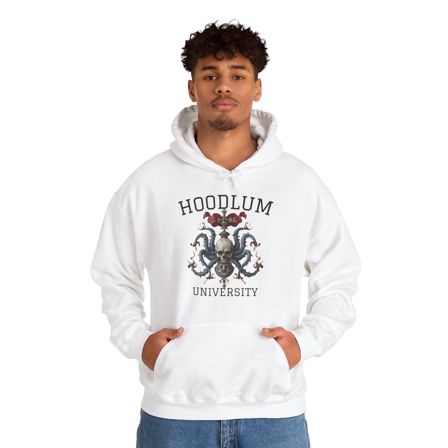 Hoodlum University White Cozy Hoodie Skull | Unisex Sweatshirt for Nature Lovers, Casual Wear, Gift for Him/Her, Outdoor Adventures, Cozy Days Canada Patriotic