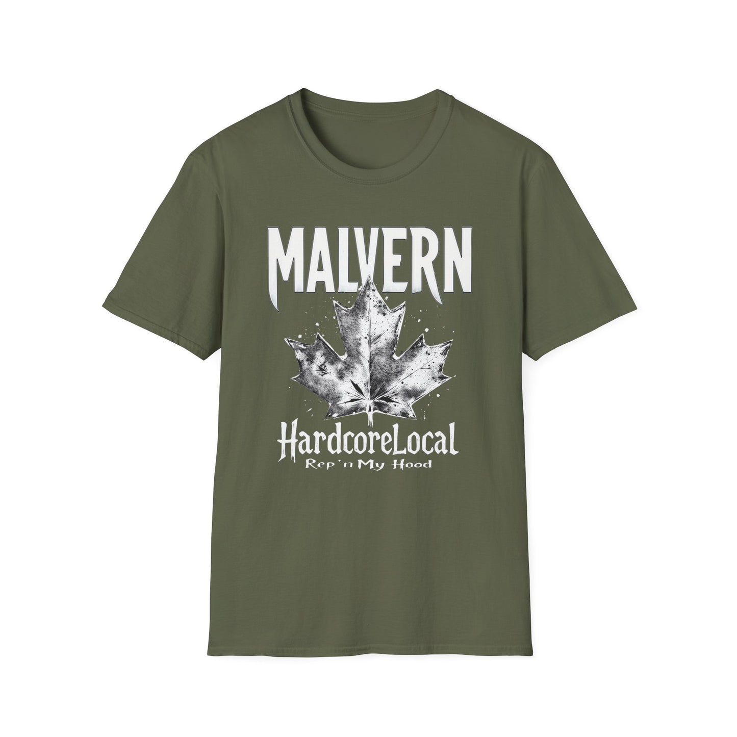 Malvern Hardcore Rep'n White Leaf T-Shirt, c006-n04-s007 Softstyle Graphic Tee, Unisex Casual Wear, Support'n Locals Merch, Gift for Community Lovers.
