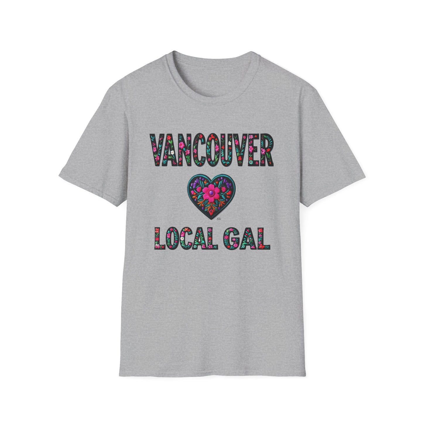 Vancouver Local Gal Flower-Heart T-Shirt, c13-n00-s005 Softstyle Graphic Tee, Unisex Casual Wear, Support Local Merch, Gift for Community Lovers, Finkz WINDSOR