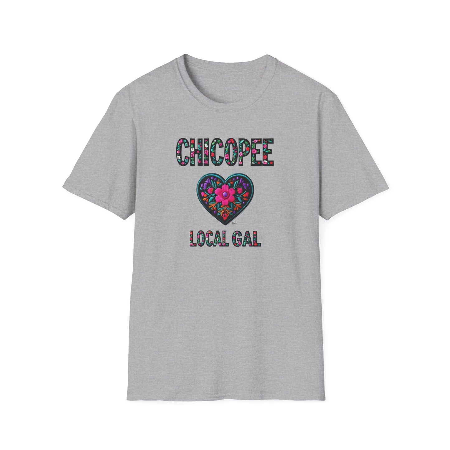 Chicopee Local Gal Flower-Heart T-Shirt, c03-n01-s05  Softstyle Graphic Tee, Unisex Casual Wear, Support Local Merch, Gift for Community Lovers, Finkz WINDSOR