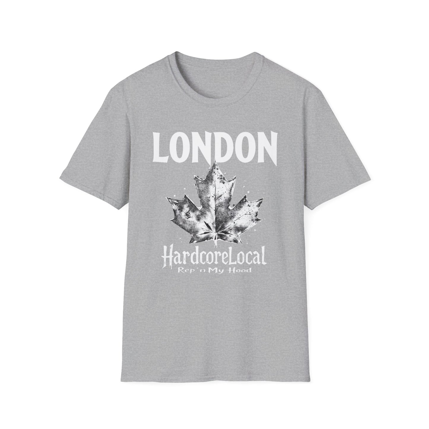 London Hardcore Rep'n White Leaf T-Shirt, c002-n00-s007 Softstyle Graphic Tee, Unisex Casual Wear, Support'n Locals Merch, Gift for Community Lovers.
