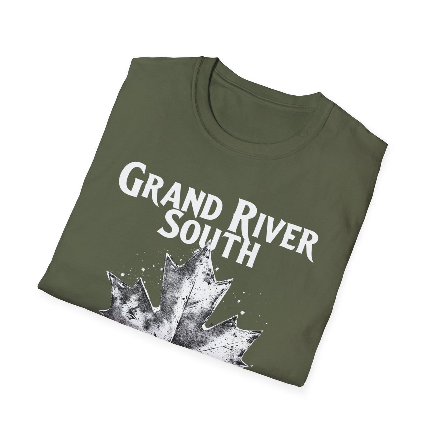 Grand River South Hardcore Rep'n White Leaf T-Shirt, c03-n04-s007 Softstyle Graphic Tee, Unisex Casual Wear, Support'n Locals Merch, Gift for Community Lovers.